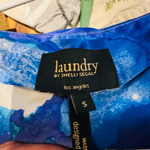 100% Blue White Silk Dress Laundry by Shelli Sega Long Slit Sleeves Smal - Picture 3 of 9